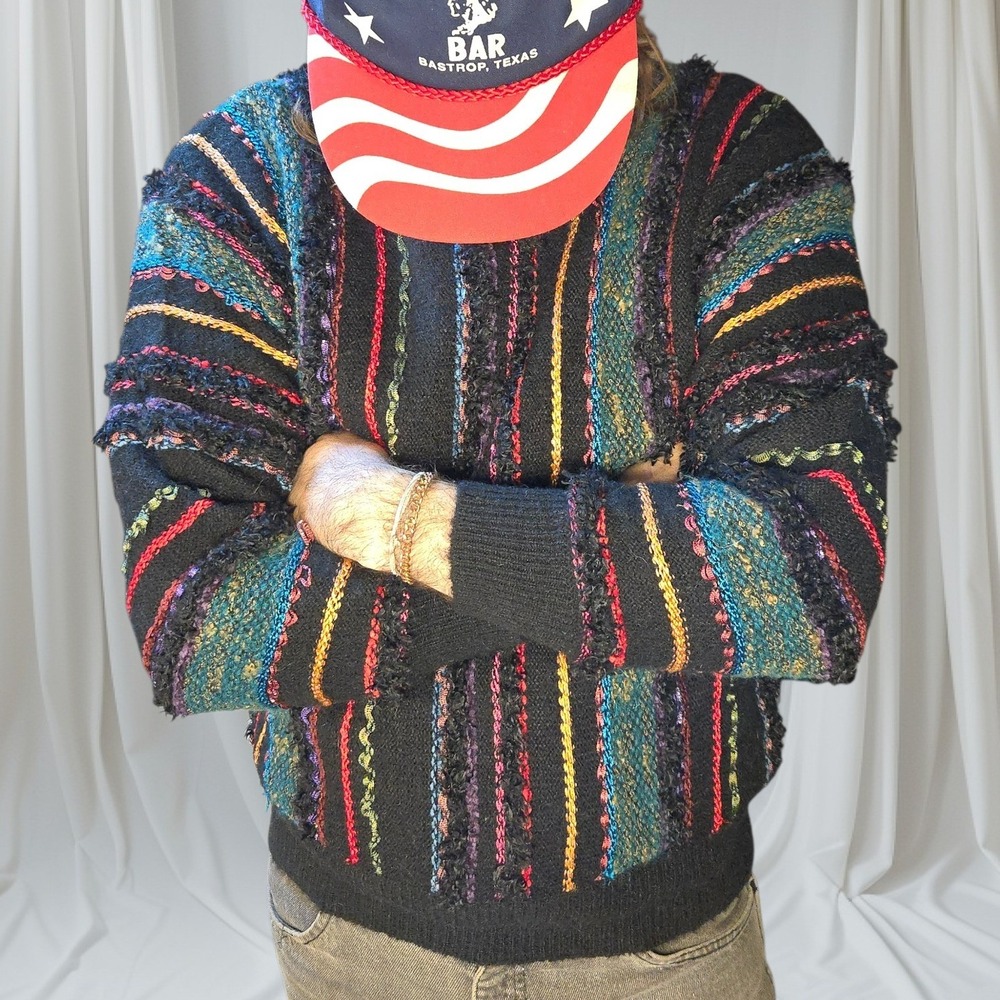 VTG 80s Black Multicolor Textured Stripe Sweater M 3D Knit Made N Taiwan Acrylic